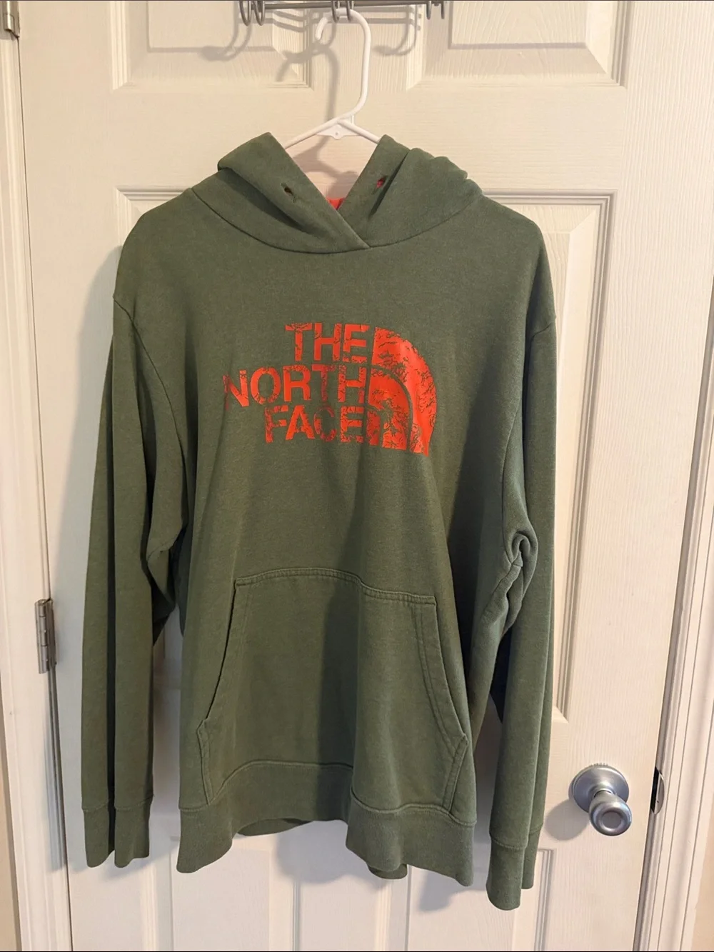 The North Face Olive Green Zip-Up Hoodie with Orange Logo